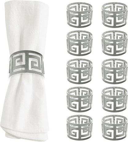 Shiny Silver Napkin Rings Set of 12, Greek Key Round, Modern Cuff Design for Wedding Party Decorations, Kitchen, Holiday Table,Rust Proof,Hotel, Home,Iron, Table Accessories for Dining,Gift