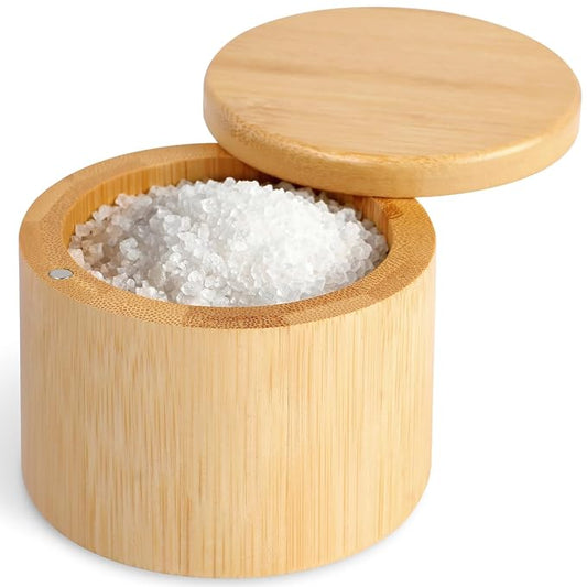 Salt Holder with Lid, Bamboo Salt Container, Salt Cellar with 360° Swivel Lid for Countertop to Store Pepper Spice, Premium Solid Salt Box Holder on Your Kitchen, 6 Oz by Pniimoo