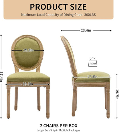 Vintage French Dining Chairs Set of 8, Round Back Upholstered Accent Chairs in Linen Fabric with Solid Wood Frame, Farmhouse Sillas de Comedor for Dining Room & Kitchen, Olive Green
