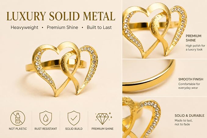 Gold Napkin Rings Set of 12 – Heart Design – Romantic Napkin Ring Holders - Image 4