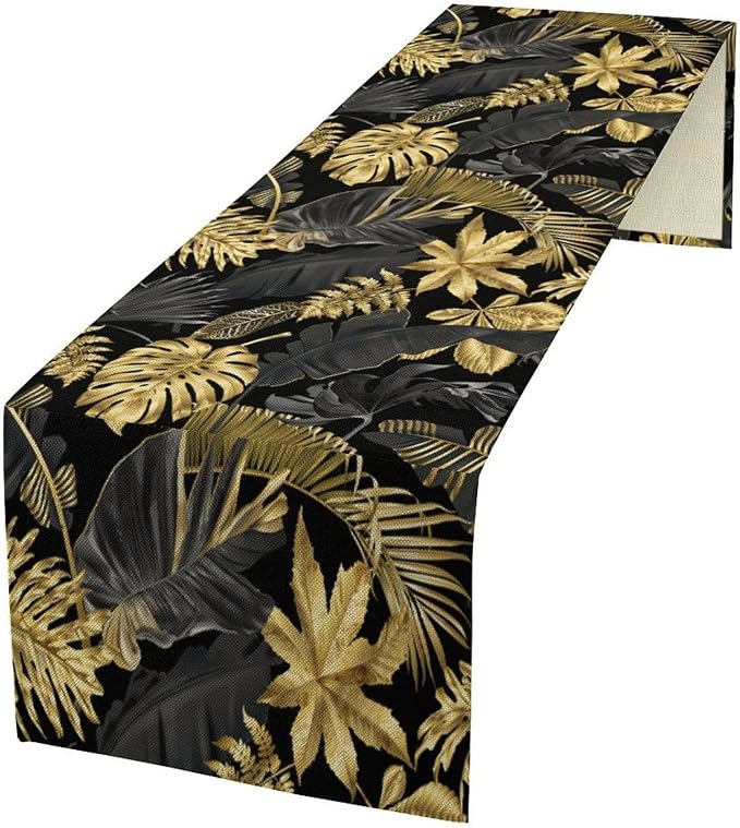 Golden Leaves Table Runner Jungle Black Tropical Plam Tree Retro Boho Hawaii by moderw