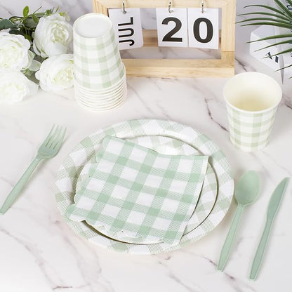 Vyntra 175 Pcs Sage Green & White Checkered Gingham Paper Plates and Napkins Set - Image 4