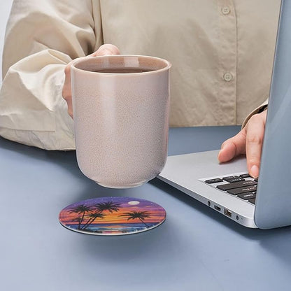 Sunset Beach Coasters for Drinks with Holder Round Leather Coasters Set of 6 Cups Mugs Mat Pad for Home Kitchen Bar