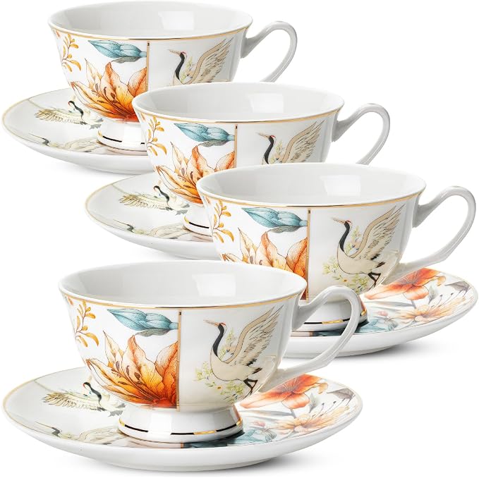 BTaT- Floral Tea Cups and Saucers Set of 4, Porcelain Tea Cup Sets by BrewToATea