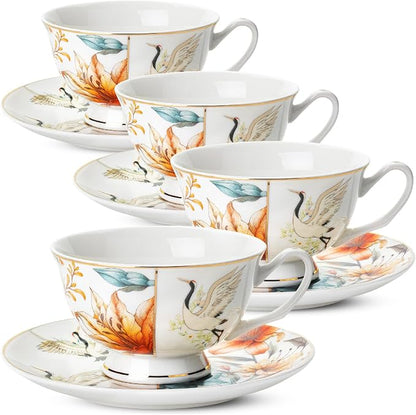 BTaT- Floral Tea Cups and Saucers Set of 4, Porcelain Tea Cup Sets by BrewToATea
