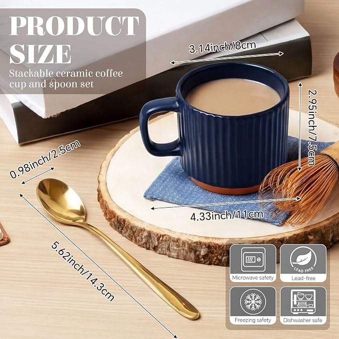 6 Set Ceramic Coffee Mugs with Gold Spoons, 8.8 oz Textured Ribbed Coffee Cups - Image 2