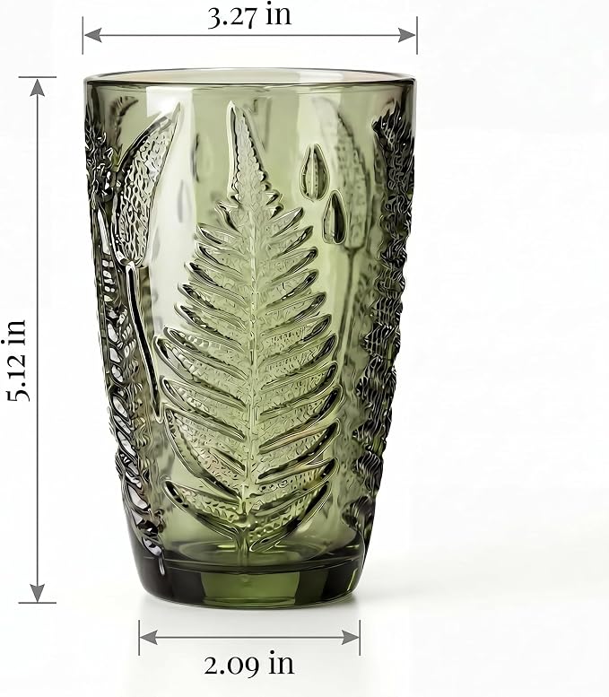 Green Drinking Glasses Set of 4, 12 oz Glass Cups, Vintage Fern Glassware | - Image 8