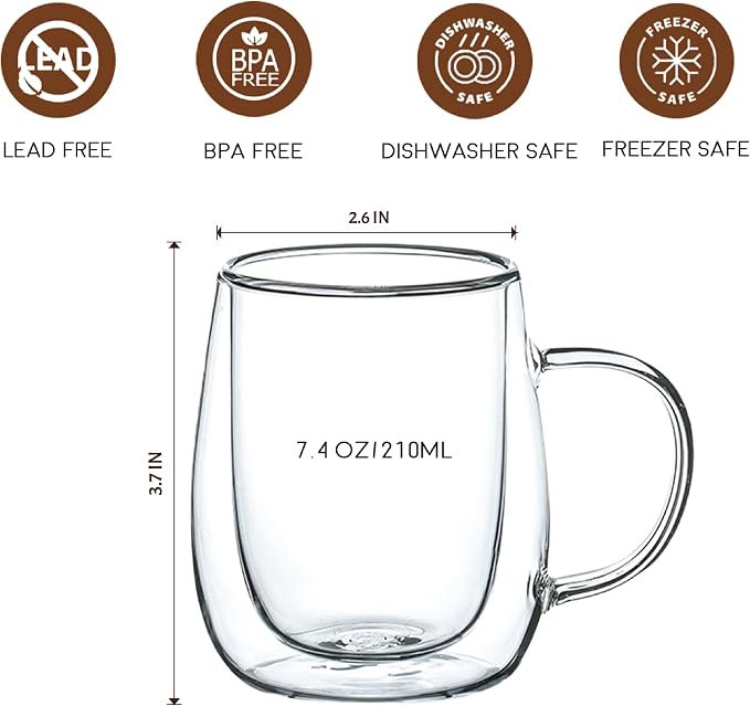 Wlasss Espresso Cups, 7.4oz/210ml Double Walled Glass Coffee Mugs Set of 4 - Image 2