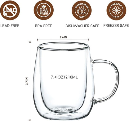 Wlasss Espresso Cups, 7.4oz/210ml Double Walled Glass Coffee Mugs Set of 4 - Image 2