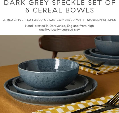 Denby - Dark Gray Speckle Cereal Bowls Set of 6-27.7oz Dishwasher, Microwave Safe - Scratch Chip Resistant - Reactive Gray Glaze, Ceramic Stoneware - Tableware for Oats, Cereal, Desserts
