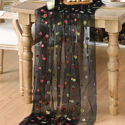 Artoid Mode Black Embroidery Daisy Gauze Table Runner 120 Inch 10FT | Seasonal - Image 4