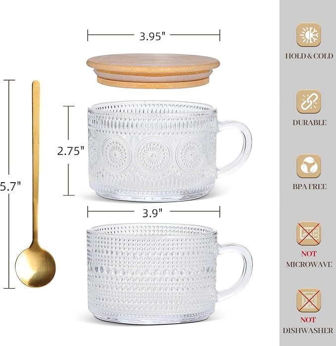 Vintage Glass Mugs 2pcs Overnight Oats Cups Embossed Tea Cups Coffee Mugs | - Image 2