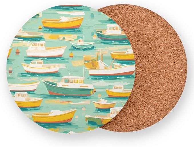White and Yellow Boats in Green Lake Pattern Absorbent Coaster - Image 2