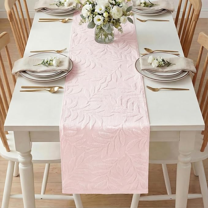 Artoid Mode Pink Soft 3D Jacquard Leaves 100%Cotton Spring Table Runner - Image 5