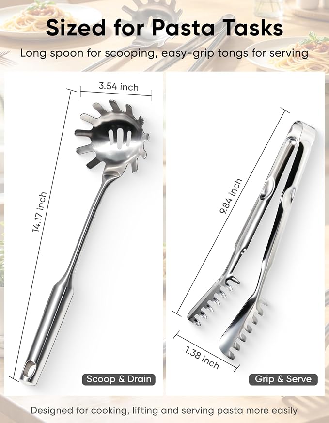 Spaghetti Spoon & Pasta Tongs Set, 2-Piece Stainless Steel Pasta Server | - Image 6