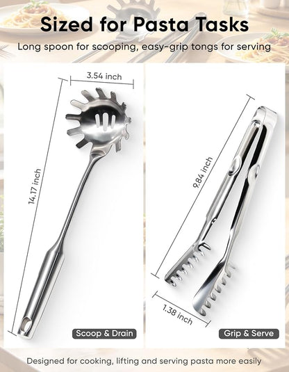 Spaghetti Spoon & Pasta Tongs Set, 2-Piece Stainless Steel Pasta Server | - Image 6