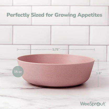 WeeSprout Bamboo Kids Bowls, Set of Four 15 oz Kid-Sized Dinnerware, Cereal, Leftovers & Snack Bowl, Dishwasher Safe (Blue, Yellow, Orange, & Red)