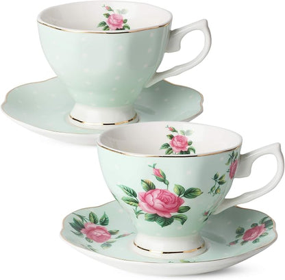 BTaT- Floral Tea Cups and Saucers, 8 oz, Fine Porcelain Teacup Set by BrewToATea