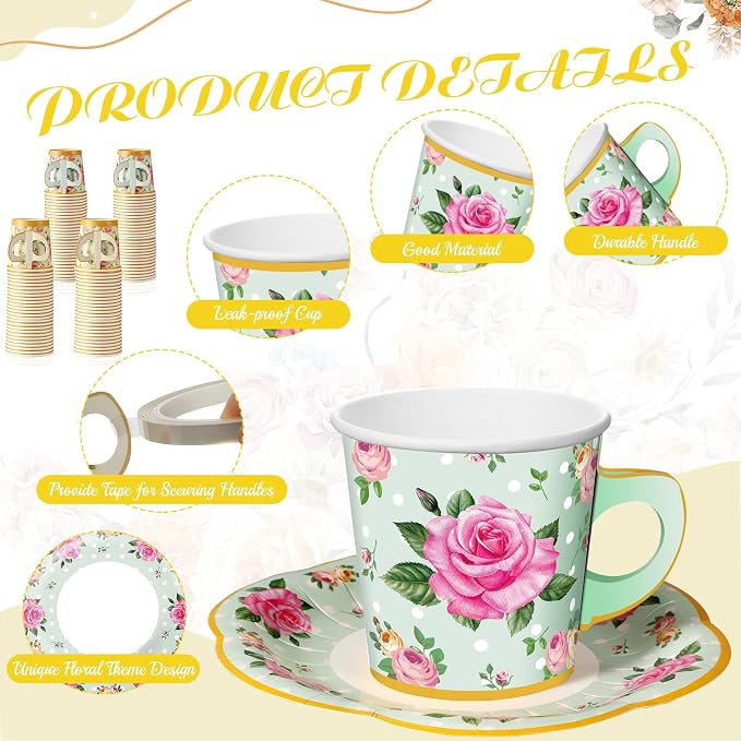 Umigy 60 Sets Floral Tea Party Decorations 6.5 oz Floral Paper Teacups & Saucer - Image 3