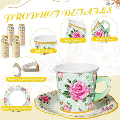 Umigy 60 Sets Floral Tea Party Decorations 6.5 oz Floral Paper Teacups & Saucer - Image 3