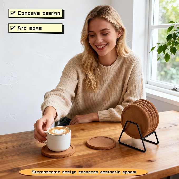 6-Pack Cork Coasters, 4 Inch Absorbent Reusable Beverage Coasters - Image 3