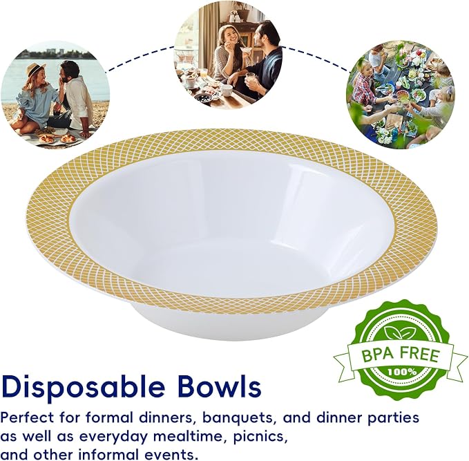 Plastic Bowls with Gold Grid Rim Disposable 12oz Bolws 100Pack | Disposable - Image 4