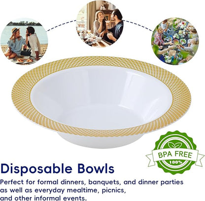 Plastic Bowls with Gold Grid Rim Disposable 12oz Bolws 100Pack | Disposable - Image 4