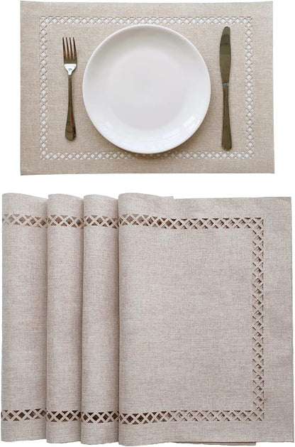 Placemats Set of 4 for Dining Table with Hollow Edge Design- Table Mats 12x 18 Inch, Cloth Place mats Machine Washable (Beige 4pcs)