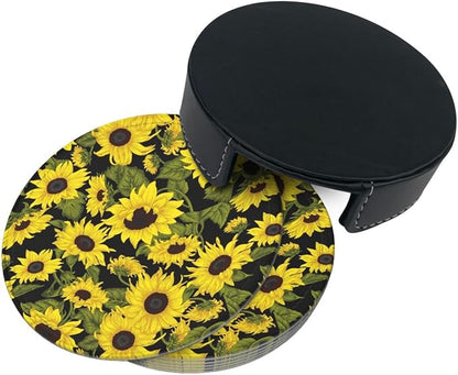 Drink Coasters with Holder Stand Set of 6, Sunflower Pu Leather Absorbent - Image 7