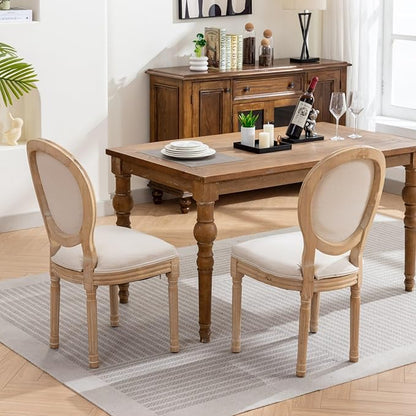 Ball & Cast French Vintage Upholstered Dining Chairs Set of 2, Farmhouse Antique Painting Wooden Kitchen Side-Chairs with Carved Solid Wood Frame, 2-Piece Curved Backrest Louis Chair, Linen Beige