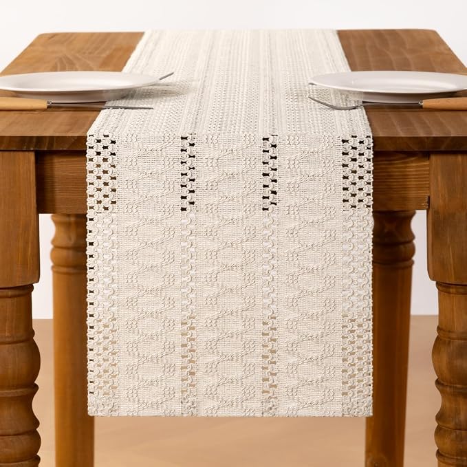Ivory Boho Table Runner Farmhouse Macrame Woven Table Runner 12x72 Inch | Small - Image 3