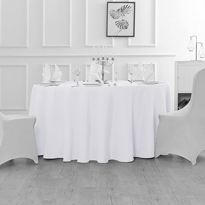 Fokitut 6 Pack Round Tablecloth, 120 Inch, Stain Resistant and Wrinkle Polyester Table Cloth, Fabric Table Cover for Kitchen Dining, Wedding, Party, Holiday Dinner-White