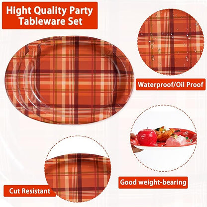 50Pcs Fall Gingham Oval Paper Plates 10" x 12" Large Heavy Duty Disposable Autumn Burnt Orange Buffalo Plaid Dessert Plates Thanksgiving Harvest Platters for Wedding Picnic Birthday Party Supplies