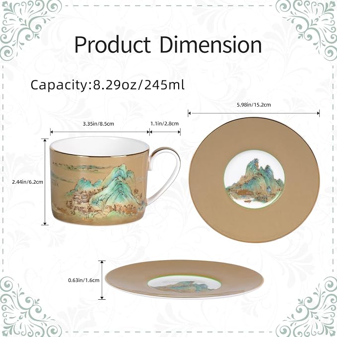 KAMMAK Tea Cups and Saucers Set of 2, Porcelain Coffee Cups, JBE009 | Stackable - Image 2