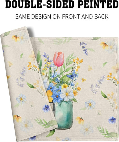 Giwawa Spring Flower Vases Placemats Set of 4 Watercolor Floral Mason Jar Place Mat 12x18 Inch Wildflower Botanical Plant Table Mats Heat Resistance for Kitchen Dining Party Picnic Decor