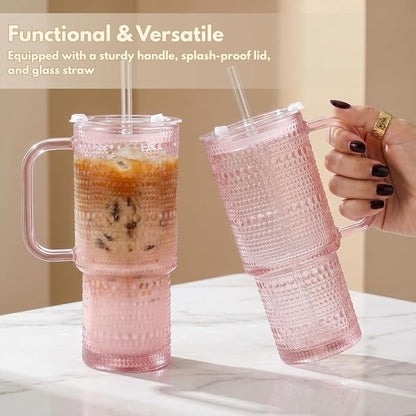 20 oz Pink Glass Tumbler with Lid and Straw, Glass Iced Coffee Cups, - Image 2