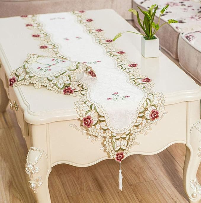 LeLehome 15 Inch X 58 Inch Classic Beige Table Runner, Flowers Embroidered Red - Image 5
