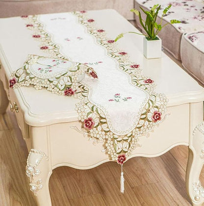 LeLehome 15 Inch X 58 Inch Classic Beige Table Runner, Flowers Embroidered Red - Image 5