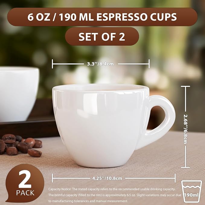 Pilnocok Ceramic Espresso Cups Set of 2, 6 oz White Small Coffee Mugs | - Image 2