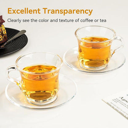 Glass Tea Cups and Saucers Set of 6, Dishwasher & Microwave Safe Teacups - Image 4