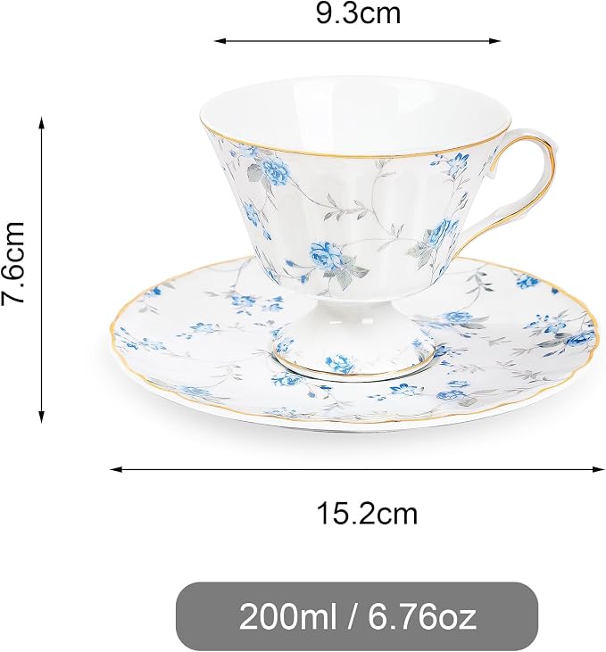 fanquare White Tea Cup and Saucer, Vintage Blue Floral Print Tea Cups - Image 6
