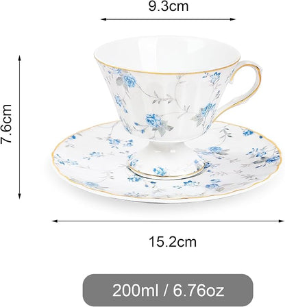 fanquare White Tea Cup and Saucer, Vintage Blue Floral Print Tea Cups - Image 6