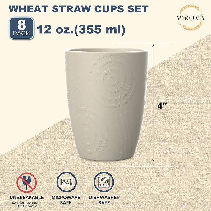 Wrova Wheat Straw Cups 8 PCS Good Alternative to Plastic Reusable Cups 12 oz - Image 2