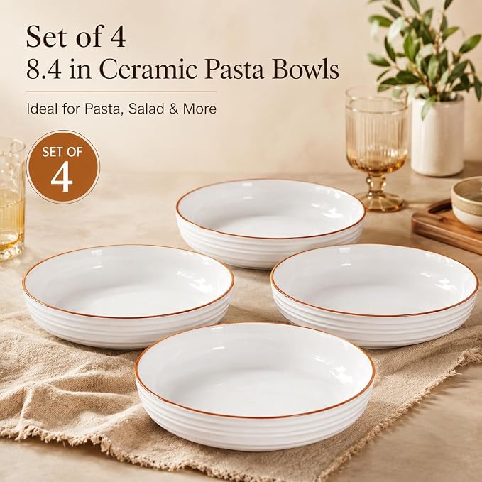 8 Inch Minimalist style Ceramic Pasta Bowls set of 4, 38 Oz White Serving Bowls - Image 4
