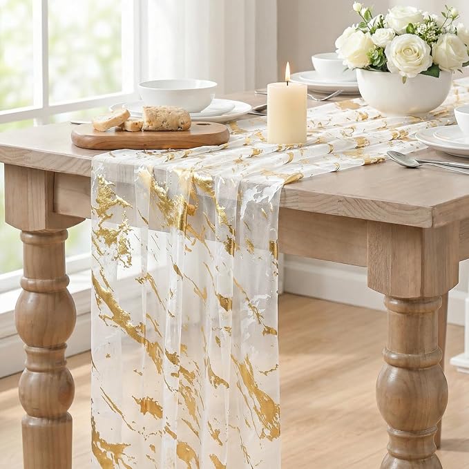 Artoid Mode Marble Pattern Beige Gauze Table Runner 10FT, Glitter Metallic Foil - Image 5