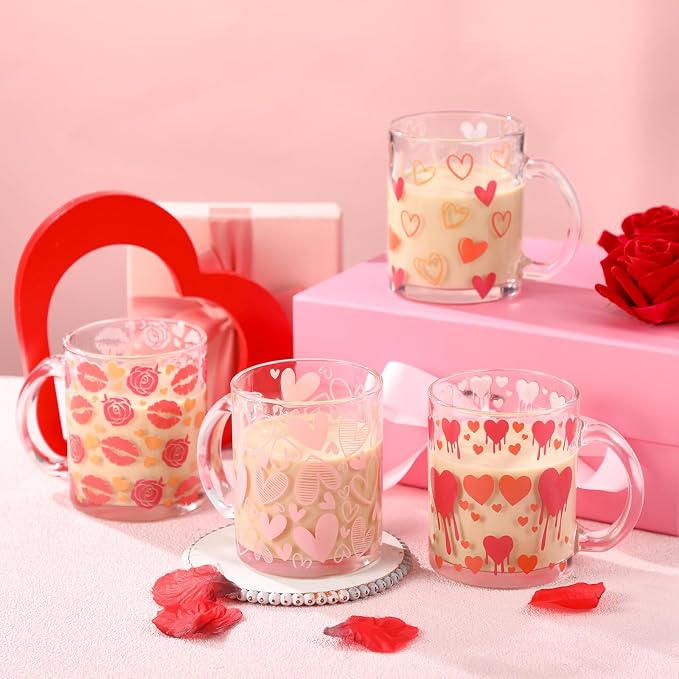 Tioncy 4 Pcs Valentines Heart Coffee Mugs 12 oz Heart Glass Cups - Image 2