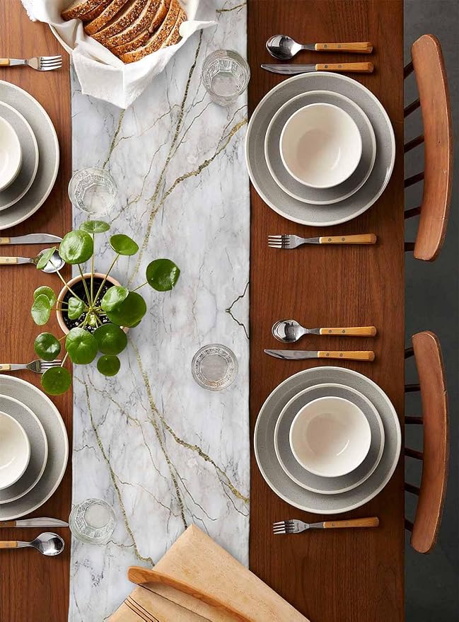 Marble Table Runner-Cotton Linen-Long 90 inche White Gray Gold Dresser Scarves - Image 2