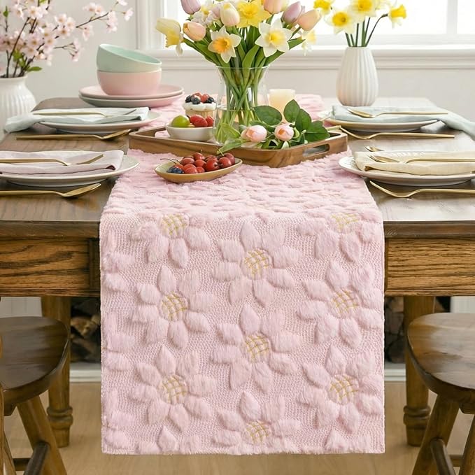 Artoid Mode Pink Soft Plush Faux Fur Jacquard Embroidery Sunflower Spring Table - Image 2