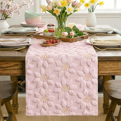 Artoid Mode Pink Soft Plush Faux Fur Jacquard Embroidery Sunflower Spring Table - Image 2