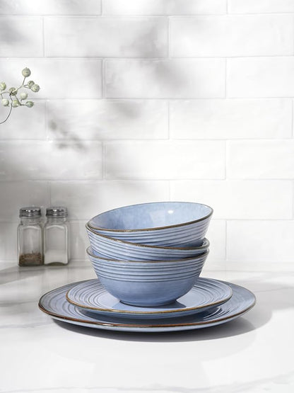 Famiware Plates and Bowls Sets 18-Piece Stoneware Dinnerware Sets, Dishes Set for 6, Hand-made Reactive Glaze Dish Set, Twilight Series, Blue